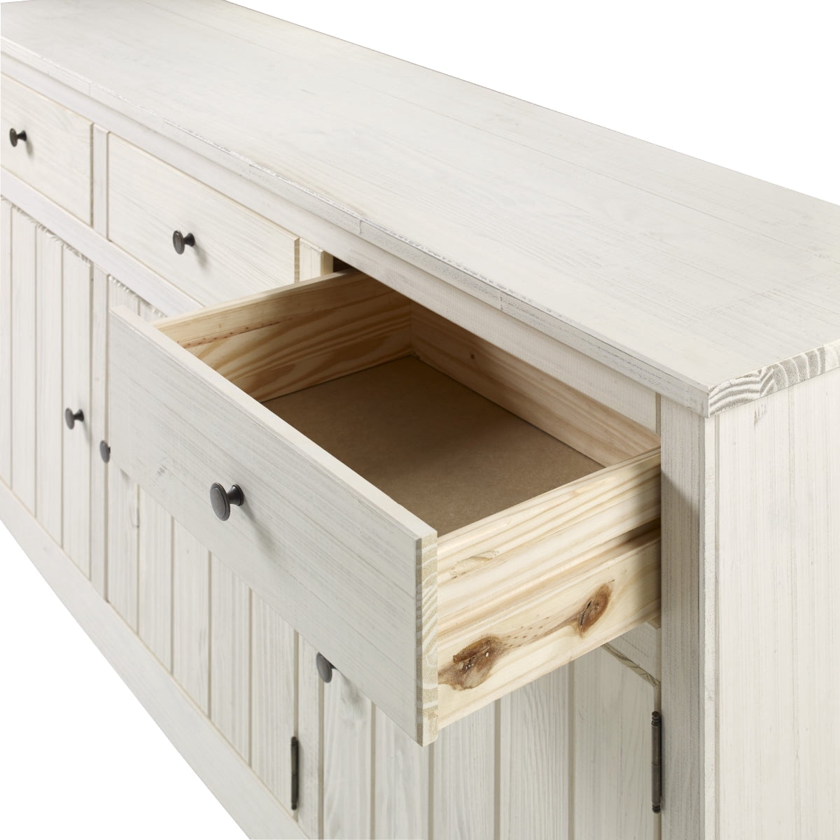 OSHOME 66" Farmhouse Solid Pine Accent Buffet Sideboard with 3 Drawers in Distressed White
