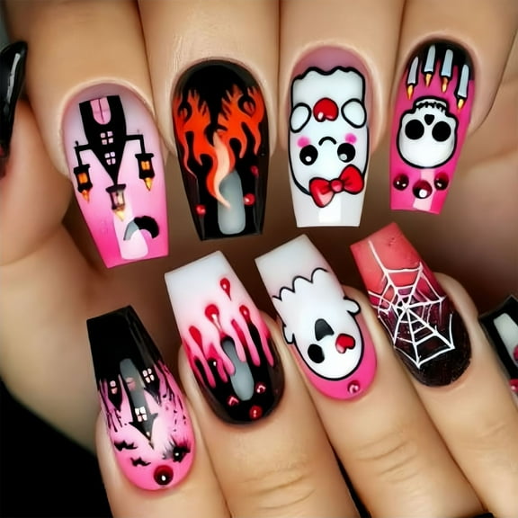 Halloween Fake Nails Skull M Length Square Shape Tip ABS Nails Art For Women Party Costume Accessories