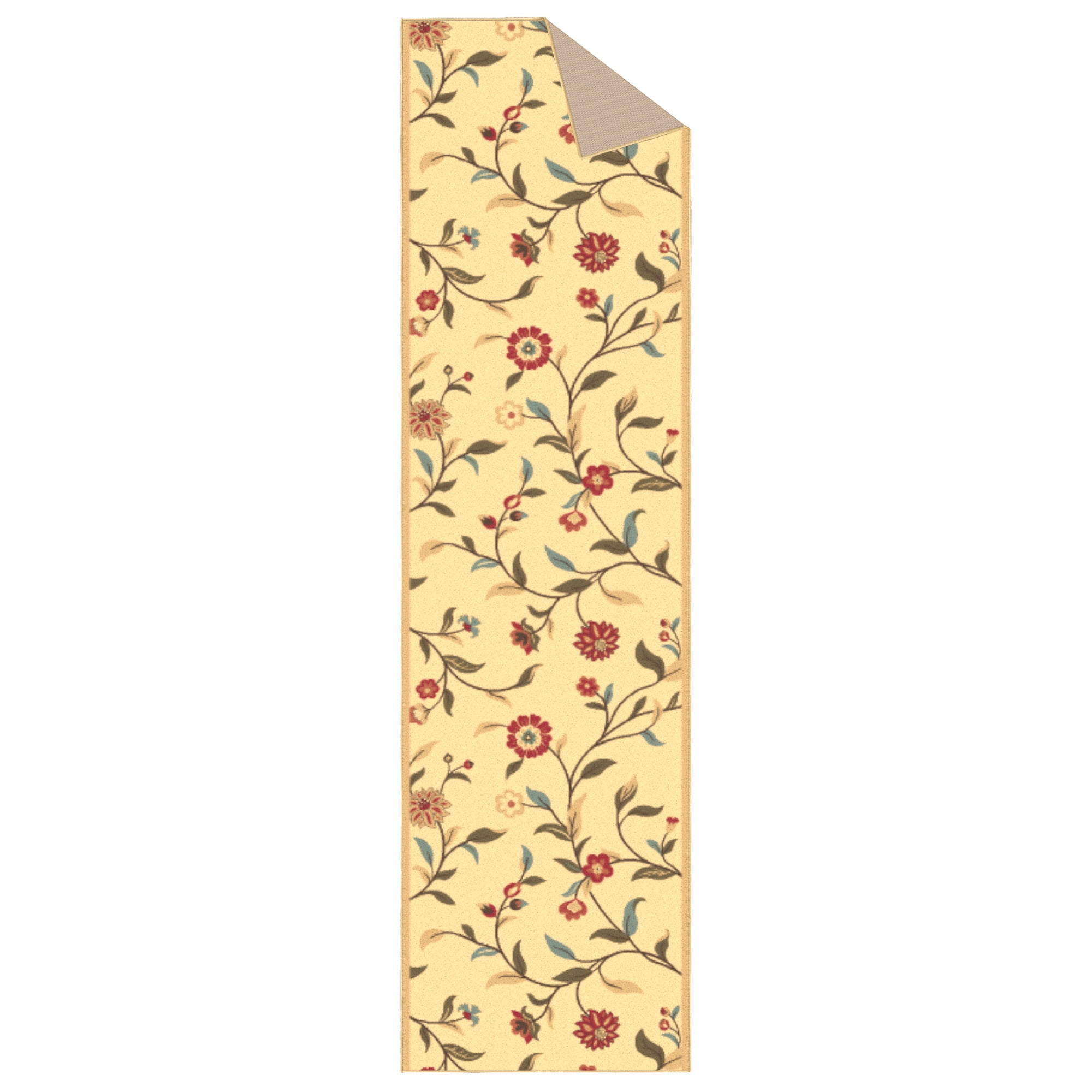 Ottomanson Hallway Runner Rug 1'10.5" x 11' – Non-Slip Low Pile Carpet for High Traffic Areas, Floral Beige