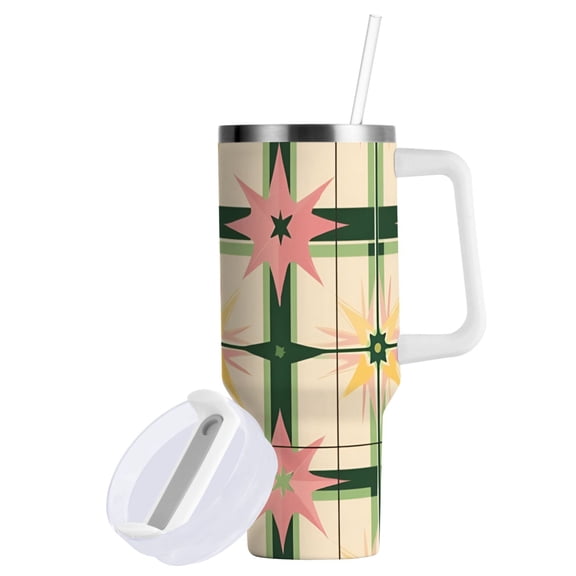 Yayeee 40oz Stainless Steel Tumbler with Straw and Handle Double-Wall Insulated Travel Water Bottle, Retro Green Stars
