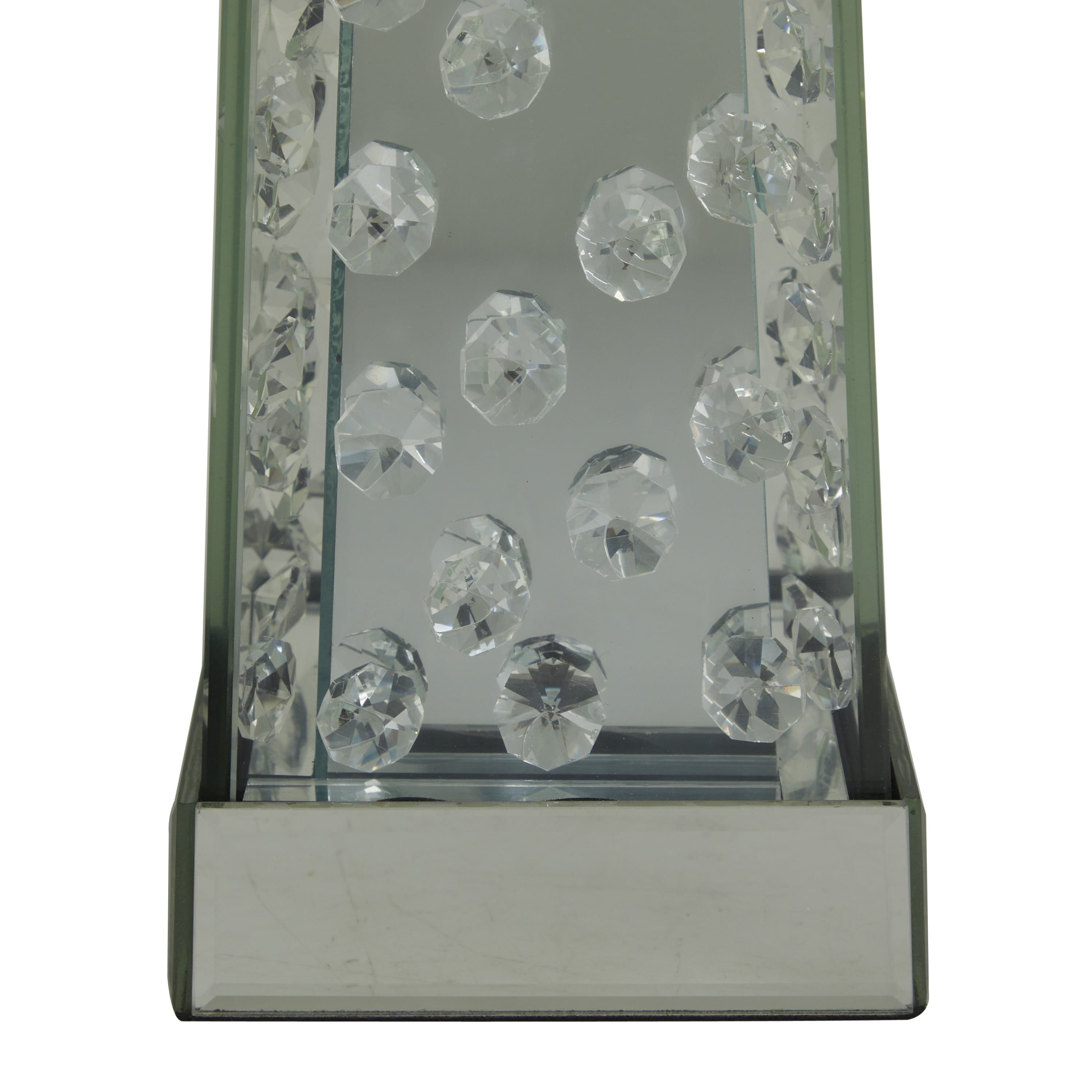 DecMode Silver Glass Pillar Candle Holder with Mirrored Accents and Crystals