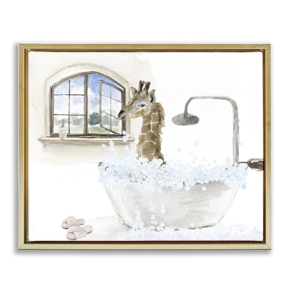 Stupell Industries Cottage Giraffe Bubble Bath Animal Scene Gold Floating Frame Canvas Art, 31 x 25, by Lanie Loreth