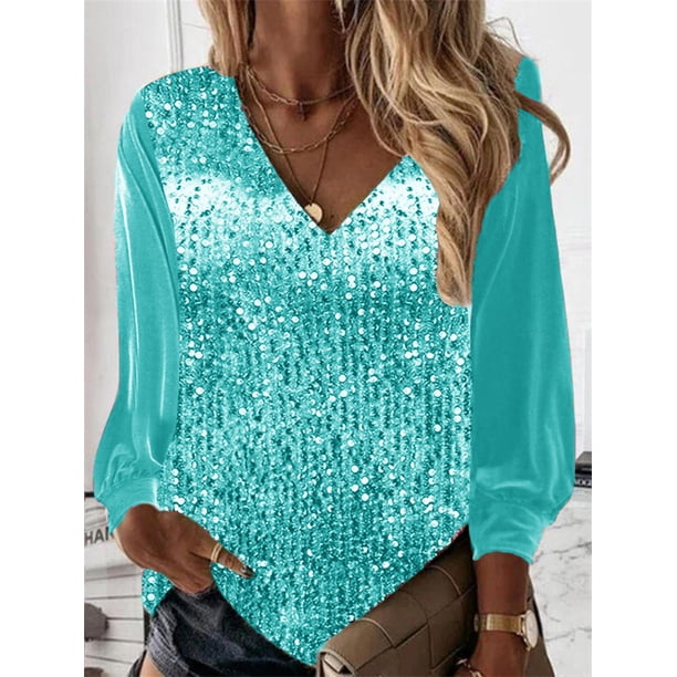 Tops con cuello en V de Color sólido de lentejuelas para mujer, Jersey suelto informal, Camiseta con estampado Digital, ropa de calle de algodón, ropa femenina