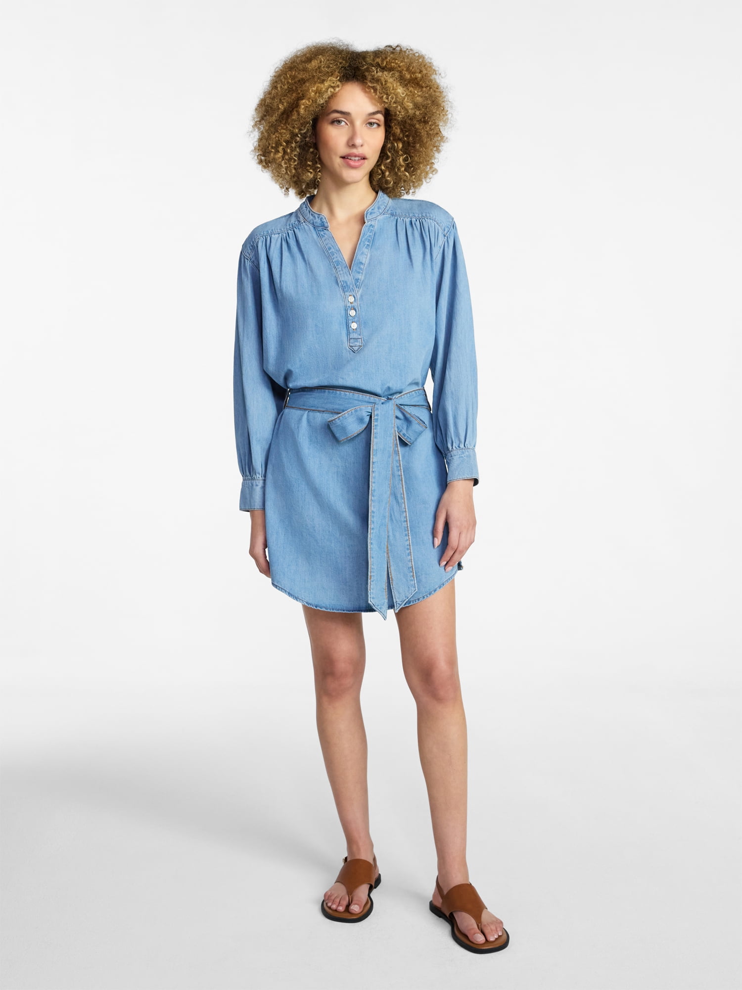 Time and Tru Women's Belted Denim Mini Shirtdress with Long Sleeves, Sizes XS-XXXL