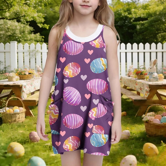 ATOGUTA Dress for Girls Casual Summer Spaghetti Straps Easter Romper Dresses with Pockets for Kid Size 3T-10. Multicolor