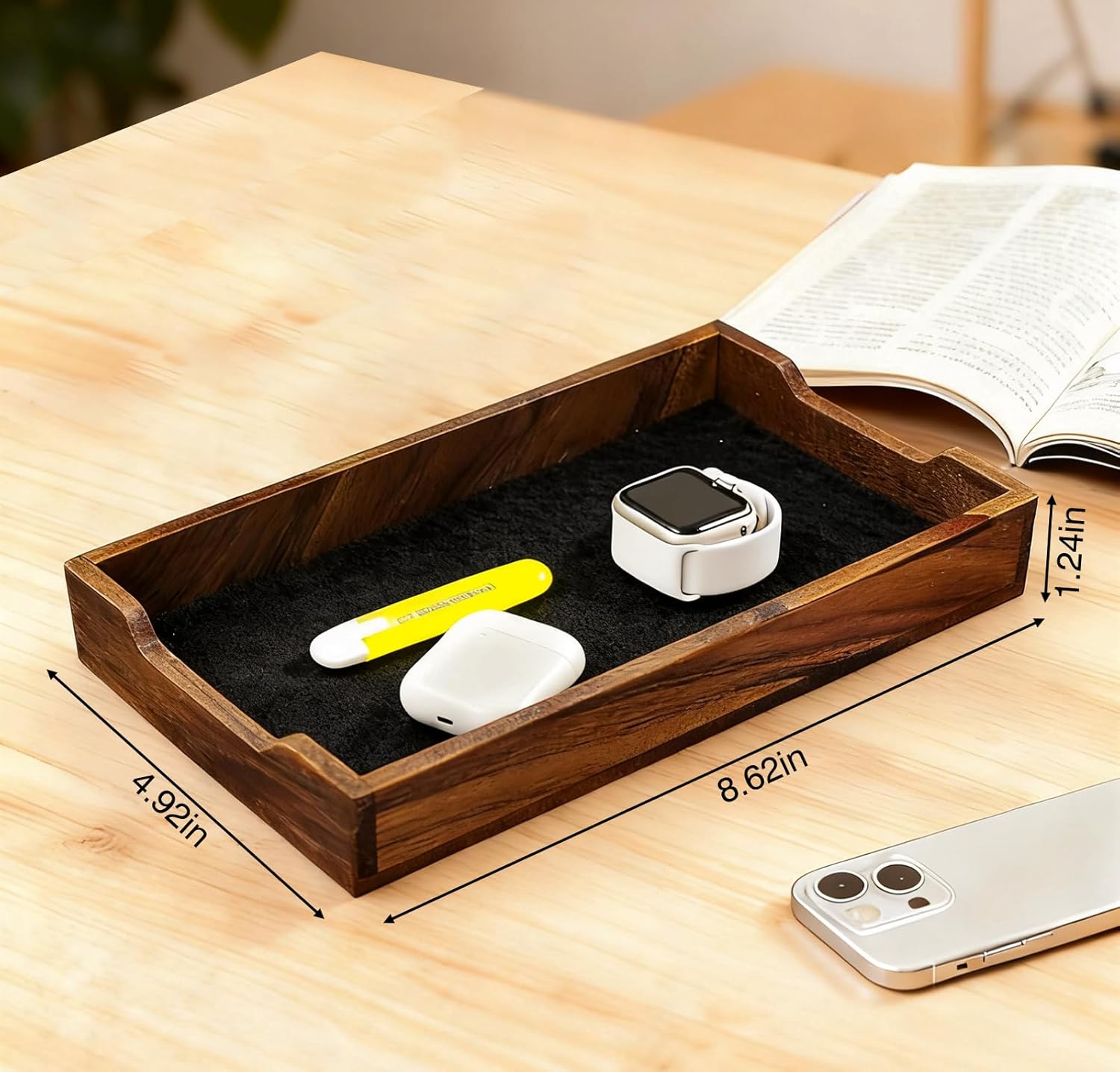 Desk Tray Organizer Drawer for Home Office, Desktop Accessories Walnut Desk Organizer Tray for Keys, Pen, Watch
