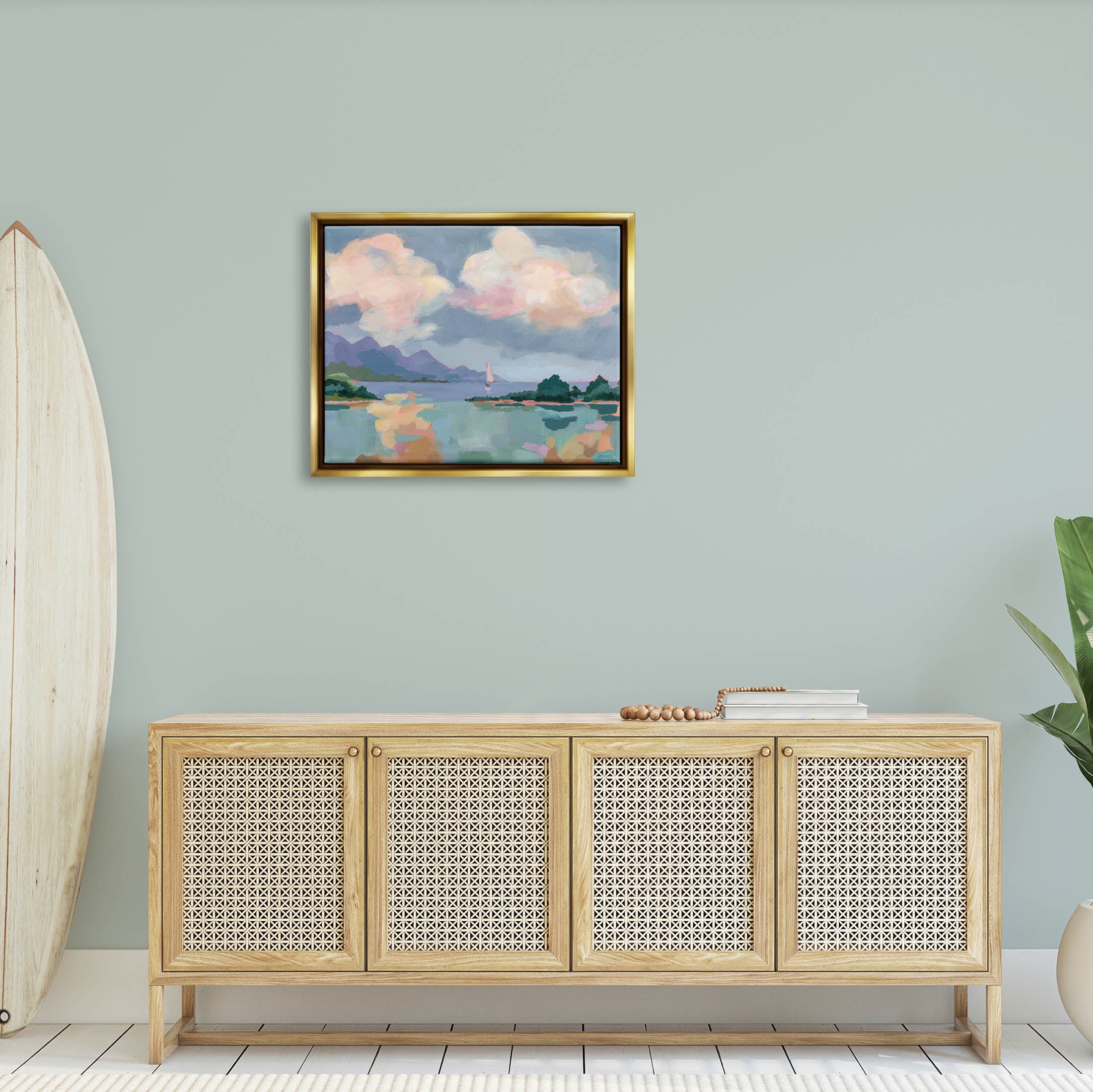Stupell Industries Escape Peaceful Bay Landscape Painting Metallic Gold Floating Framed Canvas Print Wall Art, Design by Brinley Designs