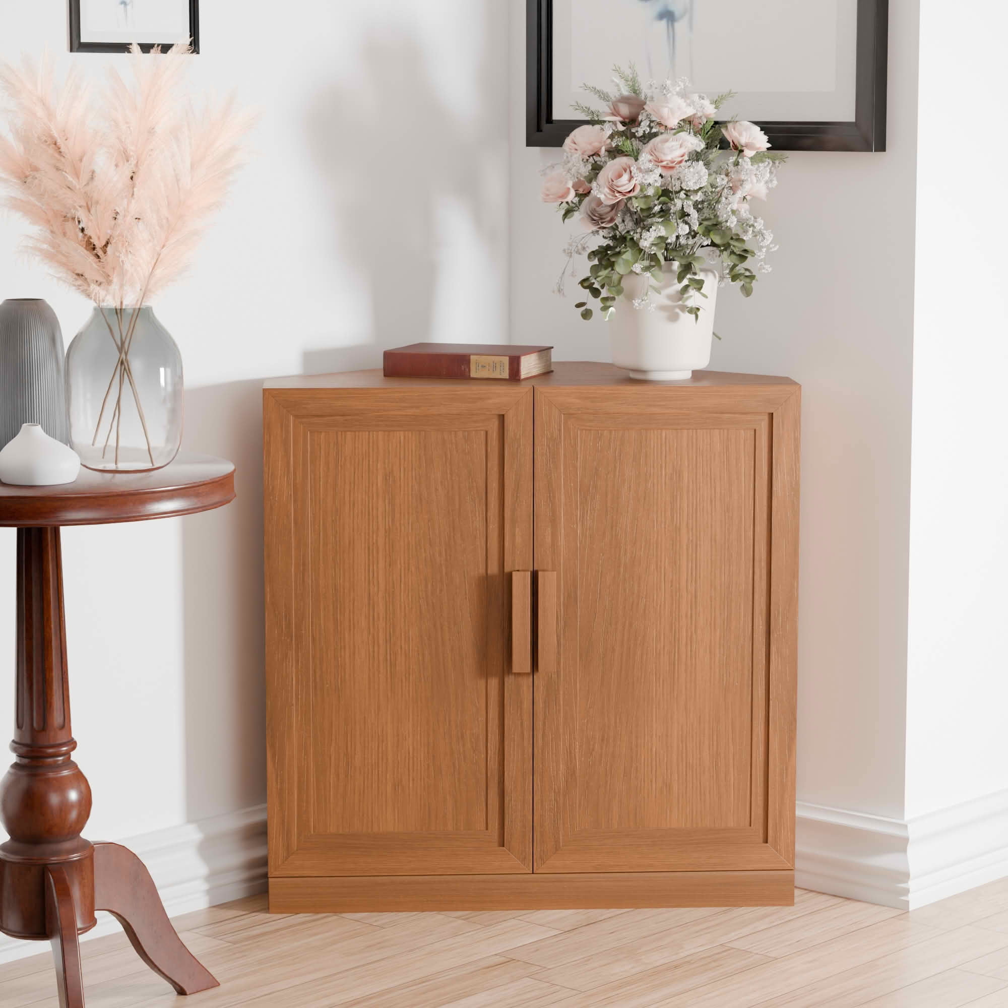 MAYEERTY 31x31x16 Inch Light Walnut 2-Door Corner Storage Cabinet with Solid Wood Door