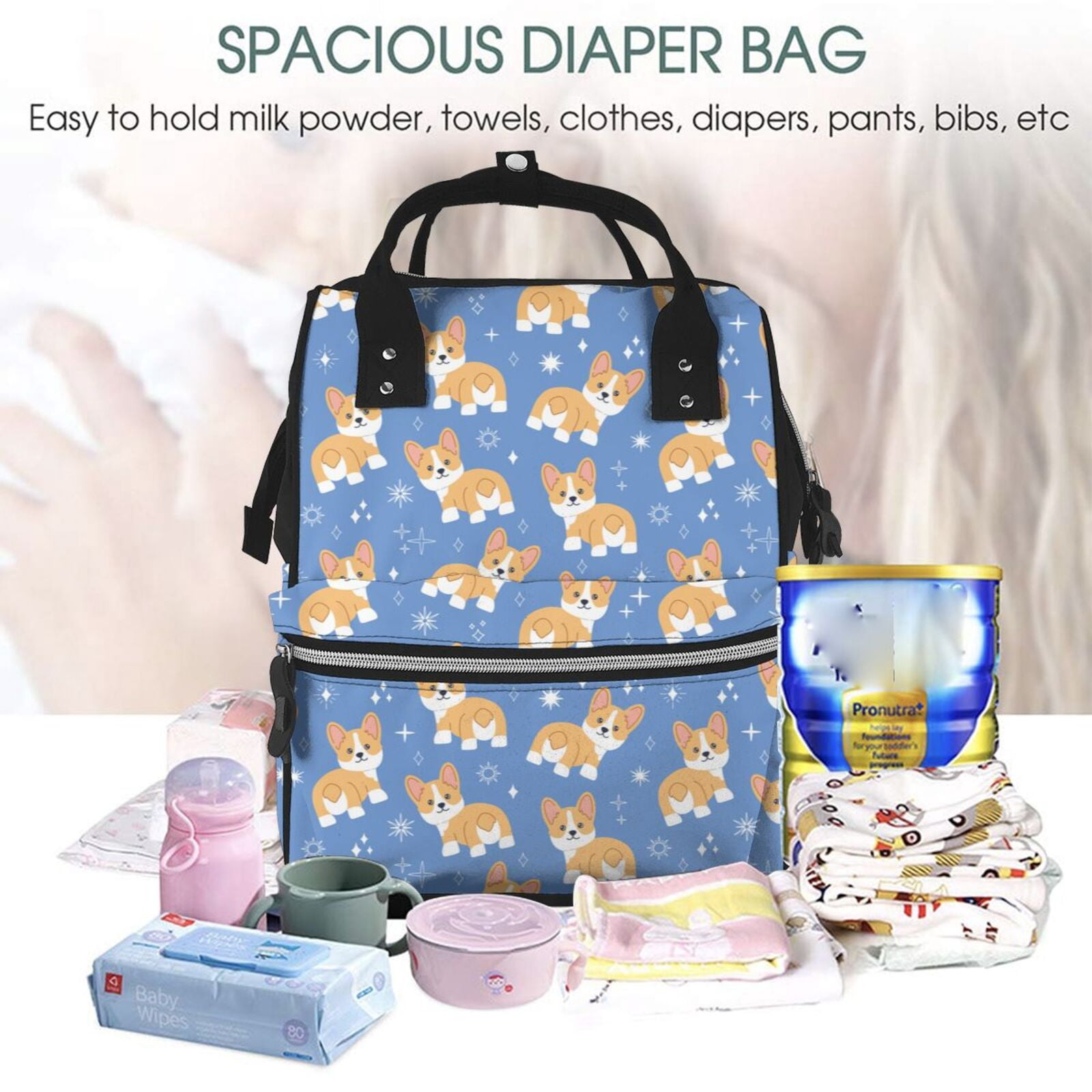Ratiio Corgi Mummy Backpack - Waterproof Twill Canvas, Large Capacity Diaper Bag with Multiple Pockets and Adjustable Straps