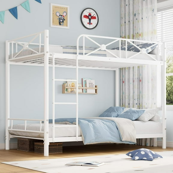 Metal Bunk Bed Twin Over Twin, Industrial Bunkbeds Heavy Duty Bed with Safety Guard Rails and Space-Saving Design, Steel Bed for School, Bedroom, White