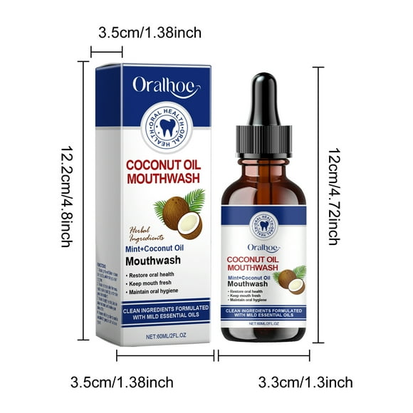 Enjuague bucal con aceite de coco: elimina el amarilleo y aclara, restaura la salud bucal, refresca el aliento, limpia los residuos bucales y oculta las manchas. 60 ml. Cuidado bucal.