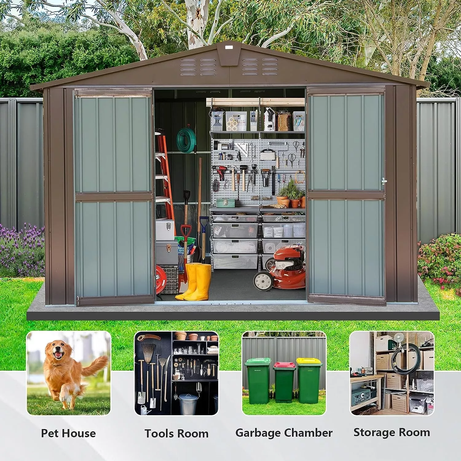 Domi Outdoor 10x 8FT Storage Shed with Lockable Door , Metal Garden Shed for Backyard, Patio, Lawn for Bike, Trash Can, Tools, Lawn Mowers, Pool Toys(Brown)