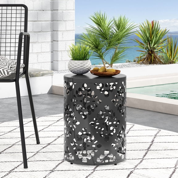 LifeSky Outdoor Metal End Table for Patio Balcony Garden: 13.75 in., No Assembly Needed - Powder-Coated Iron Rust Resistant - Rain Water Drain Through Hollow Design - Small Round Side Table Black