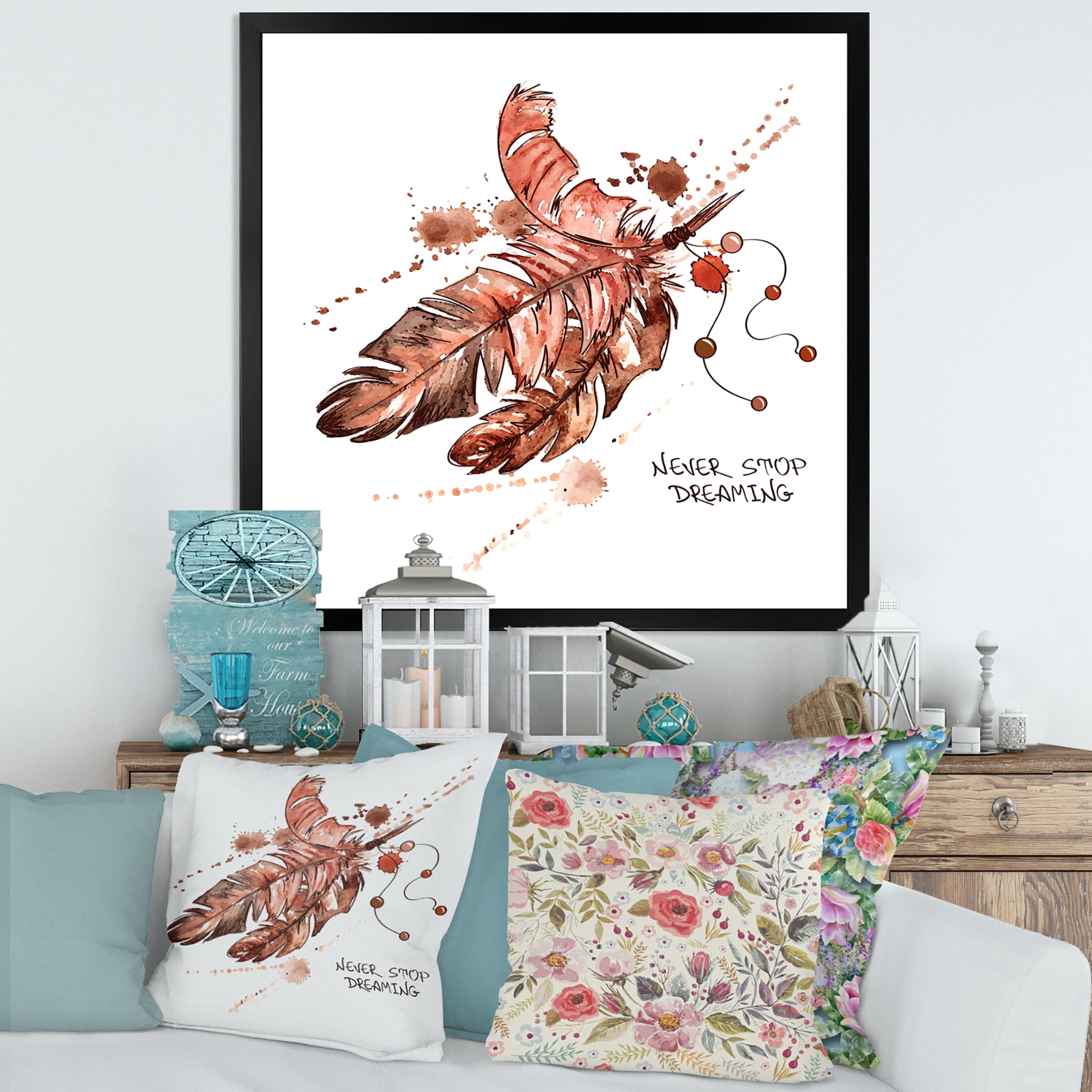 Designart 'Bird Feathers In Earth Tones Never Stop Dreaming' Bohemian & Eclectic Framed Art Print