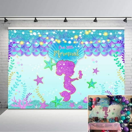 Little Mermaid Backdrop Glitter Purple and Blue Scale Shell Background Vinyl 7x5ft Under The Sea World Mermaid Princess Backdrops for Birthday Baby Shower Decorations