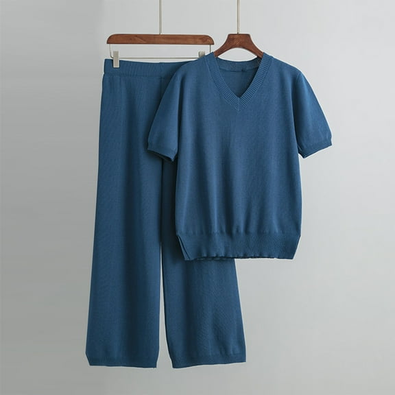 Itsame Womens 2 Piece Sets, Long Sleeve Knitted Tops Long Pants Sweater Outfits Blue Free Size