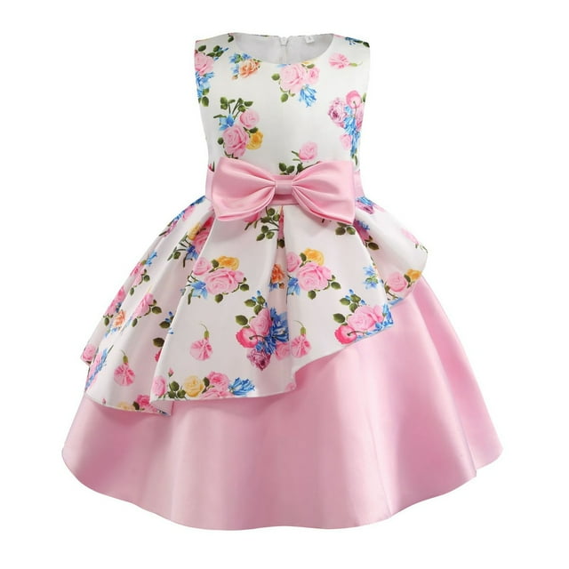 Robes Filles Sans Manches Concours Anniversaire Fête Imprimés Floraux Nœud Robe Princesse Tout-Petit Rose 3-4 Ans