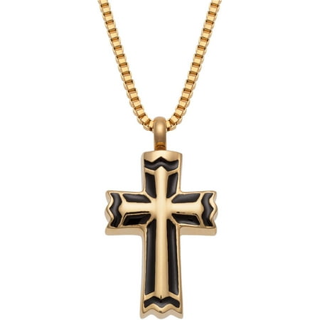 Personalized Stainless Steel Gold-Tone Cross Cremation Pendant with Black Enamel