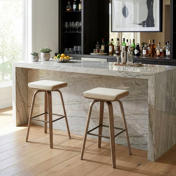 Set of 2 Beatrix Beige Woven Fabric Bar Stool with Natural Wood Legs