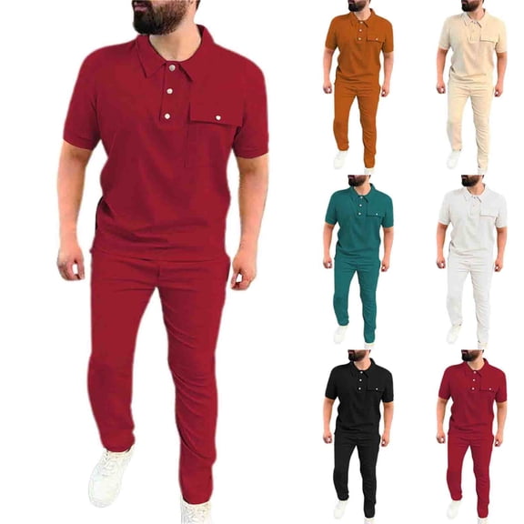 Hinvhai Mens Summer 2 Piece Set Casual Outfits Button Short Sleeve Shirt and Pants Solid Color Tracksuit Comfy Work Suits White XL(XL)