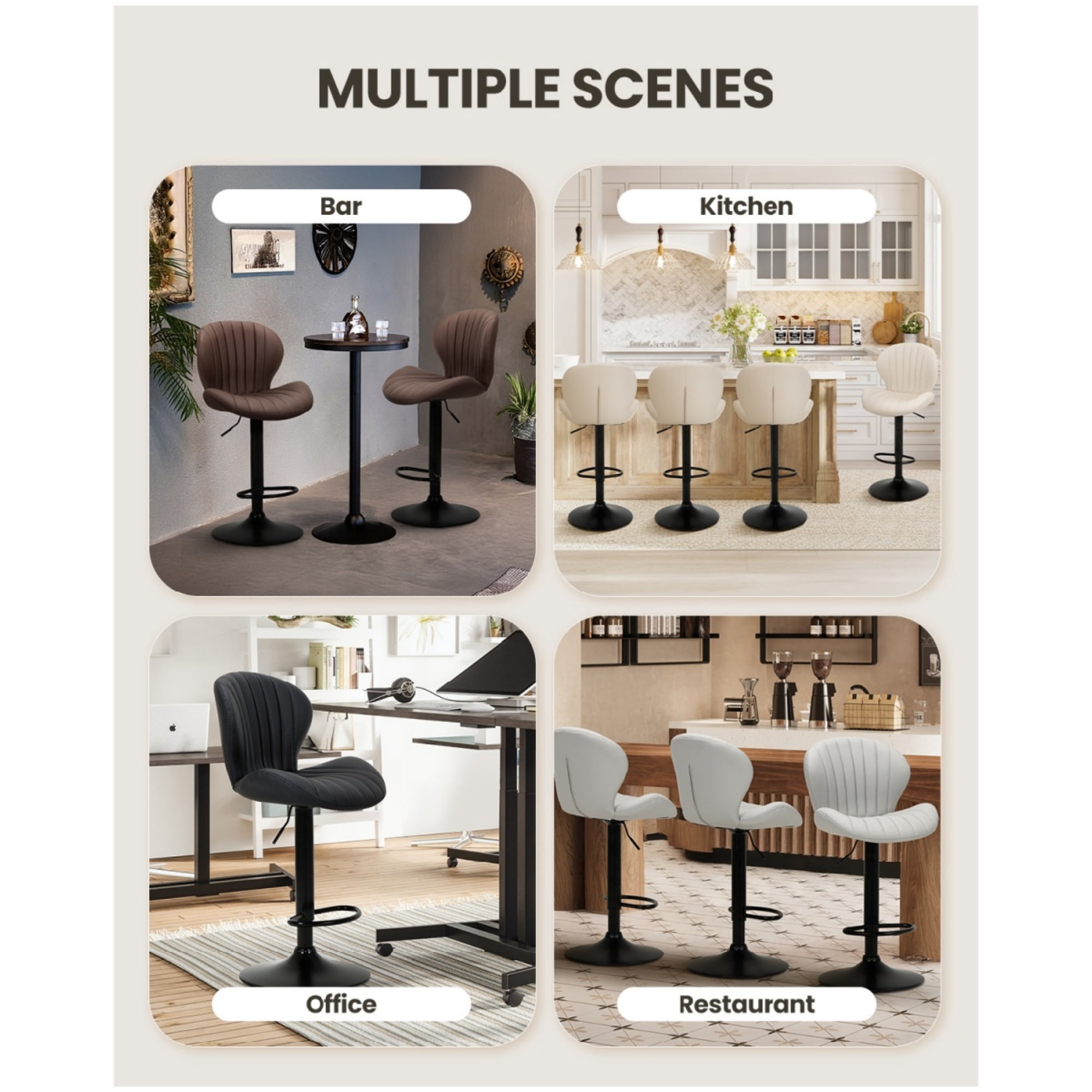 EOP Swivel Bar Stools Set of 4, Modern Upholstered Adjustable Height Counter Stools with Footrest, Faux Leather Upholstered BarStools with Metal Frame, Bar Chairs with Backrest, Beige