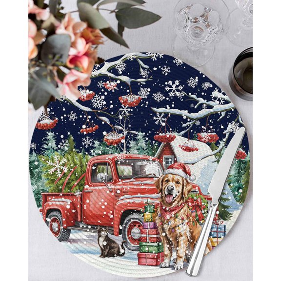 15 Inch Round Placemats Set of 6, Blue Christmas Non Slip Heat Insulation PP Table Mats, Xmas Winter Snowflakes Red Truck Dogs Washable Place Mats for Kitchen Dining Party Table Decor
