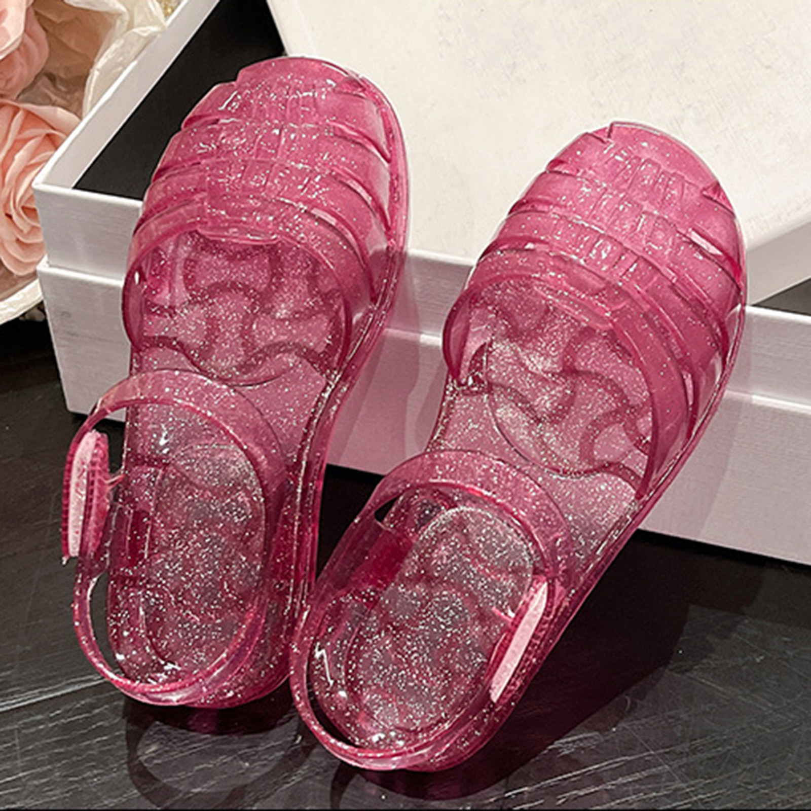 Clearance! SDJMa Jelly Shoes for Toddler Girls Summer Beach Retro Sandals T-Strap Slingback Little Kids Glitter Soft Closed Toe Princess Dress Flat - image 4 of 9