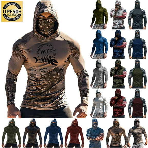 DDAPJ pyju Men's Sun Protection Hoodie with Mask UPF 50  UV Long Sleeve Shirts Camo USA Flag Performance Rash Guard Workout Tops Black XL
