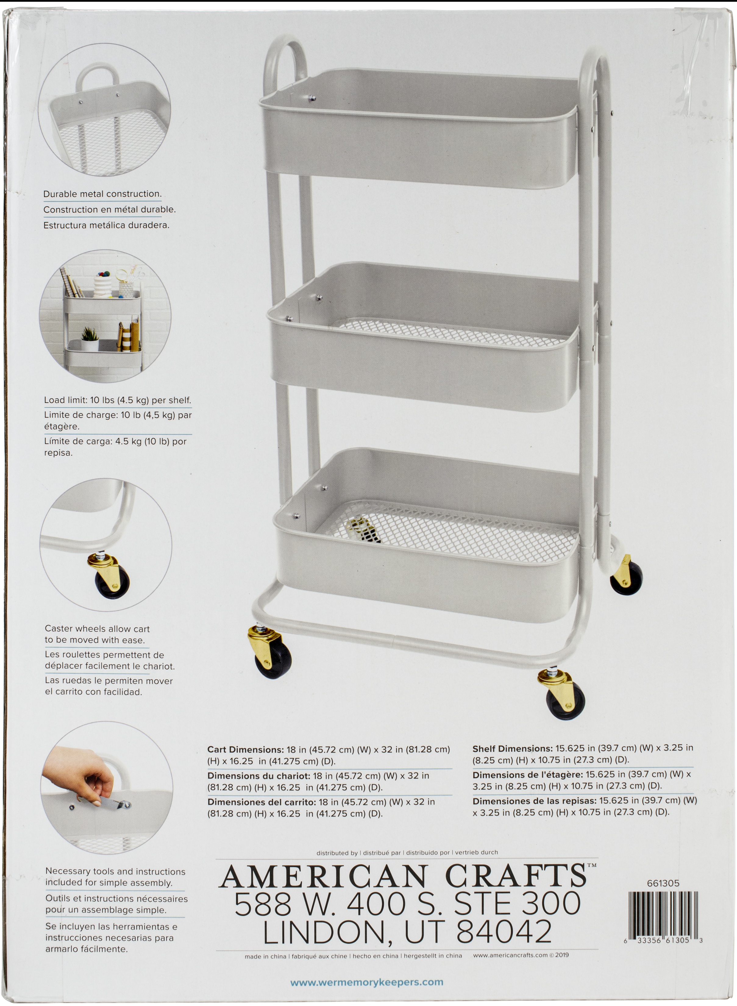 3-Tier Steel Rolling Storage Cart, 36 1/2" x 17" x 17", With Handles, Off White - image 3 of 4