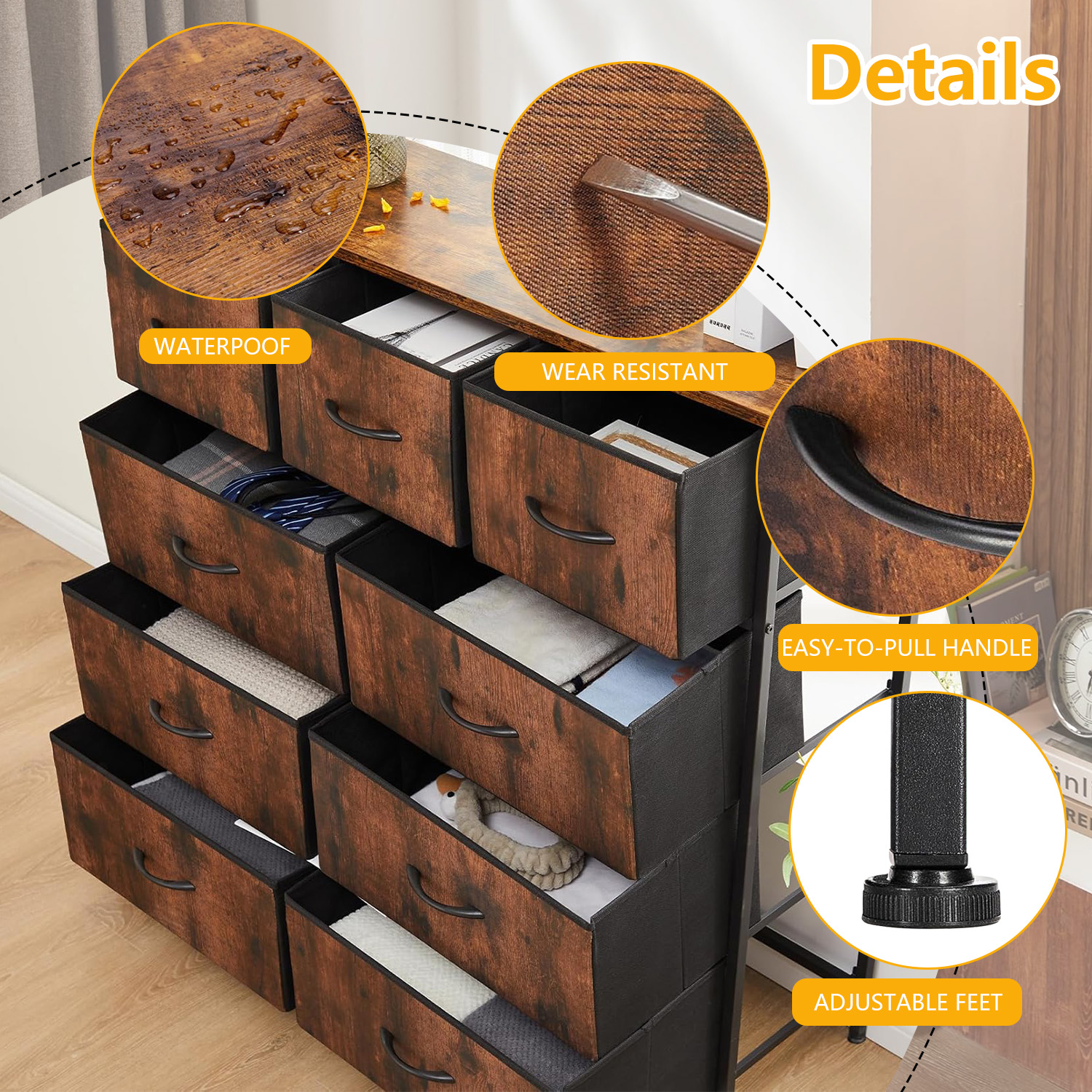 9-Drawer Fabric Dresser with Wood Top - Compact Storage Organizer for Bedroom, Closet, Brown