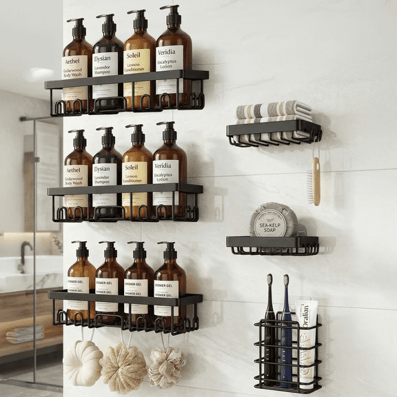 Metal Wall Mount Adhesive Shower Caddy, Black, 6 Count