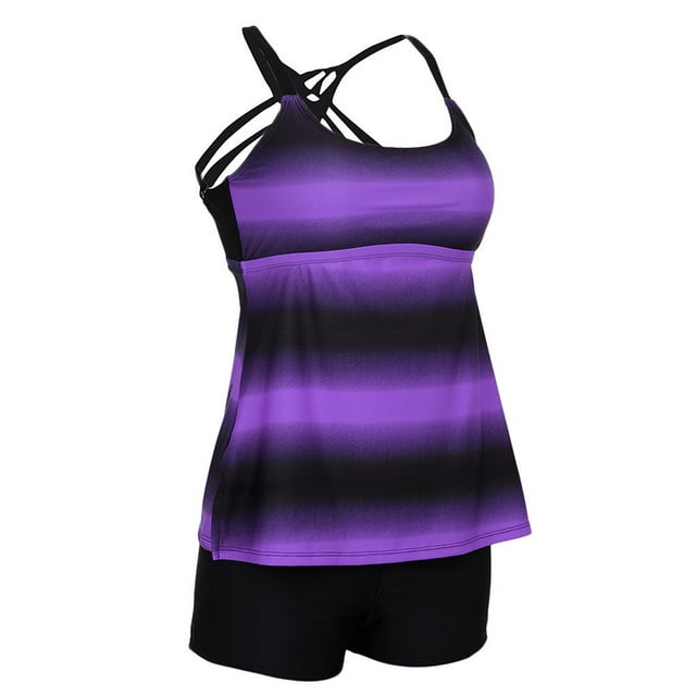 2x Tankini Rayas Grande Tamaño Top Boardshorts de Ropa De Moda Purple S
