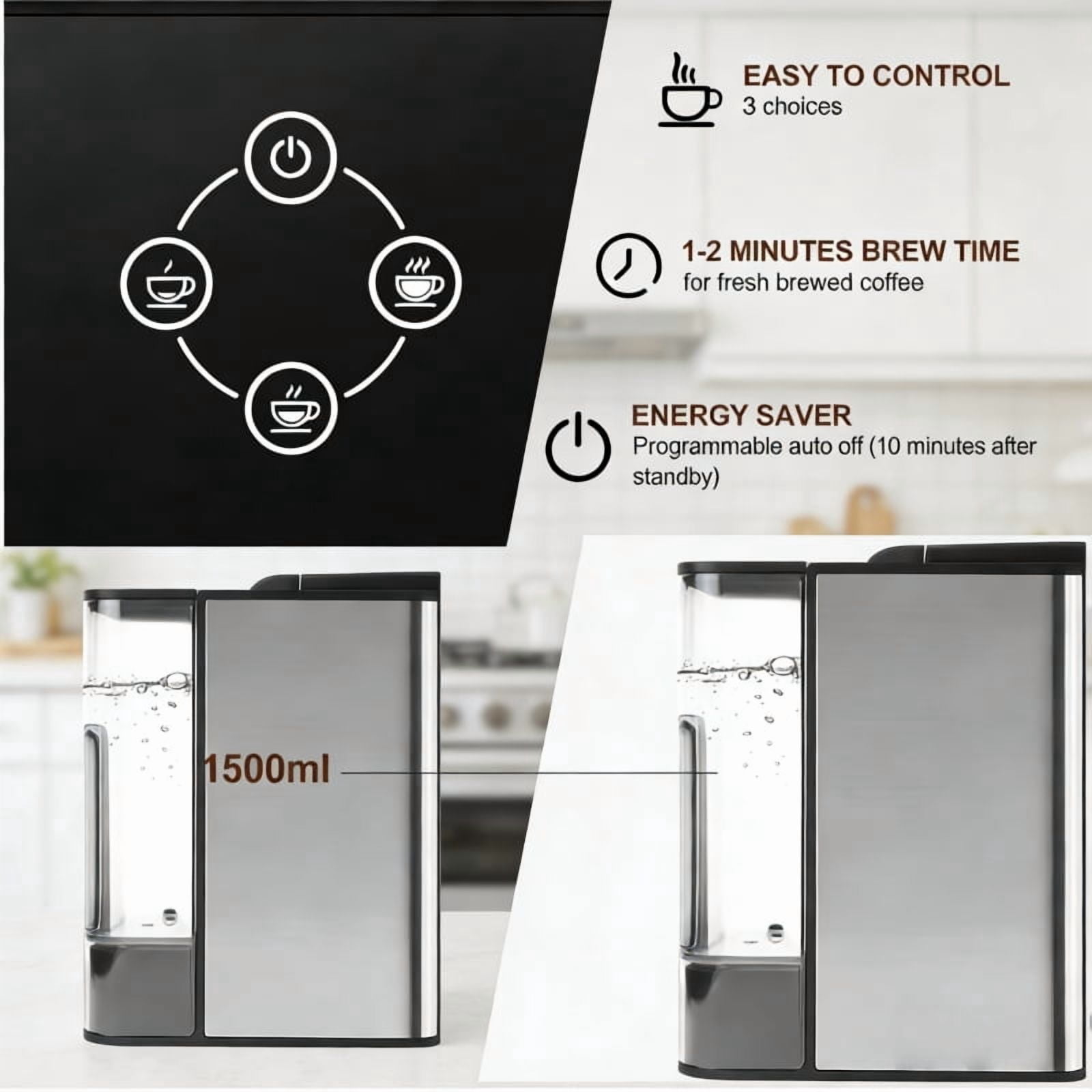 3 in 1 Single-Cup Coffee Maker:Compatible With K-Cup Capsule & Grounds, 6-10 Ounce Cup Capacity, Removable 50 oz Water Tank, Automatic Coffee Machine, Black
