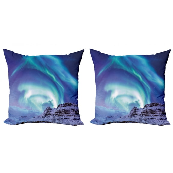 Ambesonne Winter Throw Pillow Cover 2 Pack, Aurora Borealis Iceland, 20", Blue Sea Green Lilac