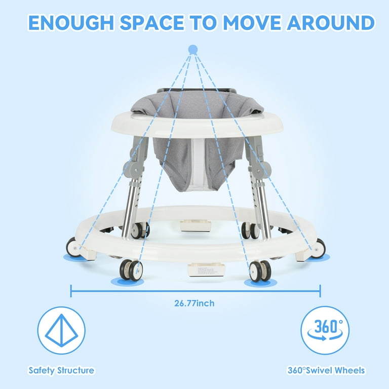 HKAI Baby Walker, Portable/Foldable/9 Adjustable Heights/with Wheels/Non-Slip Placement for 6-12 Months, White