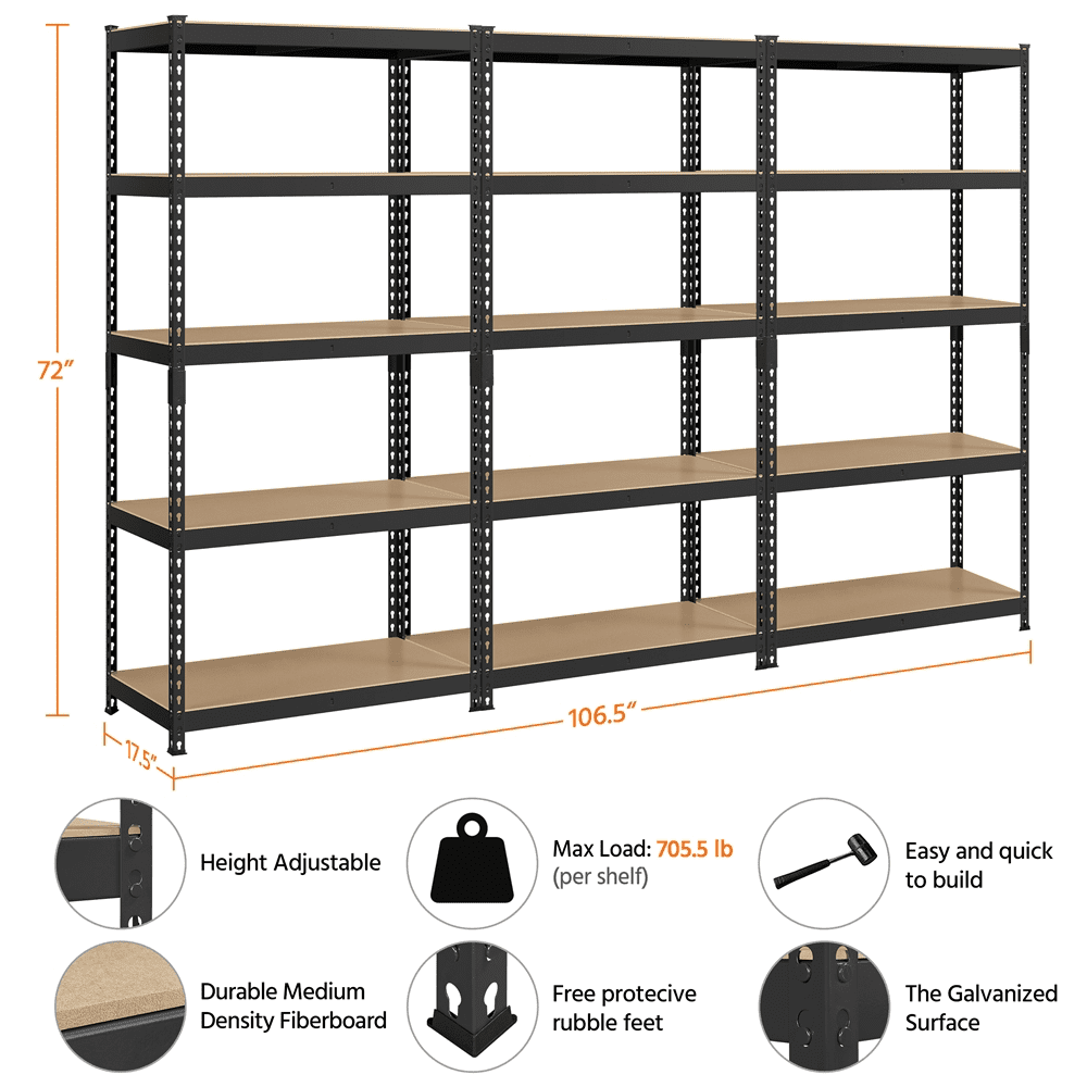 Yaheetech 3 Pieces of 5 Tiers Adjustable Metal Storage Shelving Heavy Duty Boltless Display Stand, Black