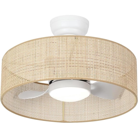 18W LED 20” Dimmable DC Drum Boho Caged Dimmable Ceiling Fan with Light Fixture,Fandelier with Remote Control, 3 Blades Small Cage Round Small Ceiling Fan for Indoor Room Kitchen Bedroom