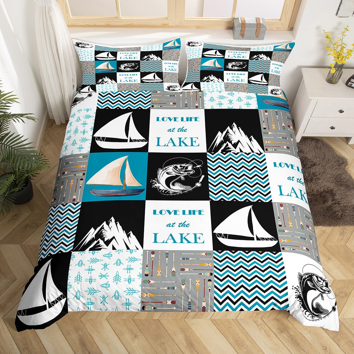Lake House Bedding Set Queen Size,Retro Sailboat Fishing Duvet Cover