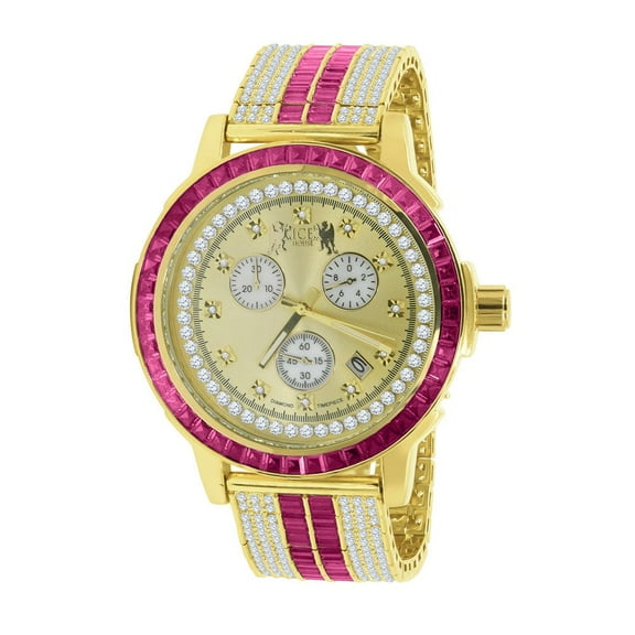 Pink Tourmaline Stainless Steel Iced Out Bezel 18K Gold Finish Simulated Diamond Adjustable Band Mens Watch W/Date