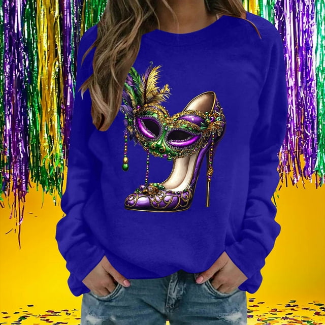 Xuyuer Women's Carnival Printed Long Sleeved Round Neck Mardi Gras Sweatshirt Carnival Outfits Women Carnival Sweatshirts Fat Tuesday Fashionable Pullover Tops