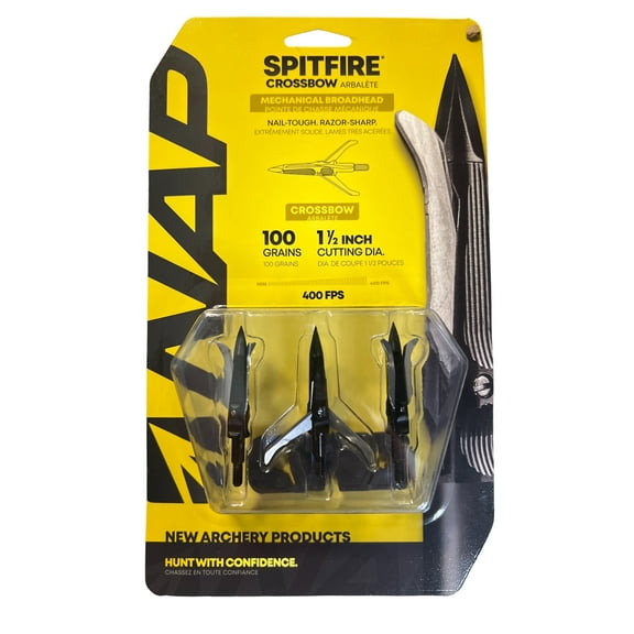 New Archery Products NAP Spitfire Crossbow Mechanical Broadhead 3 Blade 1 1/2" Cutting Diameter 100 Grain Three Pack
