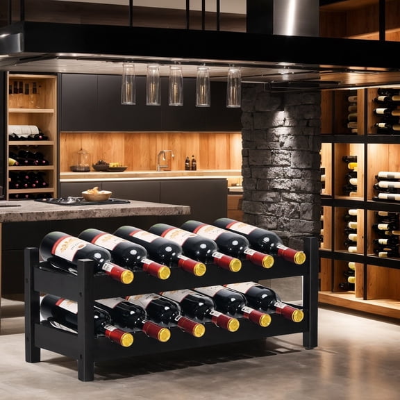 Spaco 2-Tier 12 Bottles Bamboo Storage Shelf Wine Rack-Brown, Bar Cabinet, Freestanding Floor Wine Holder