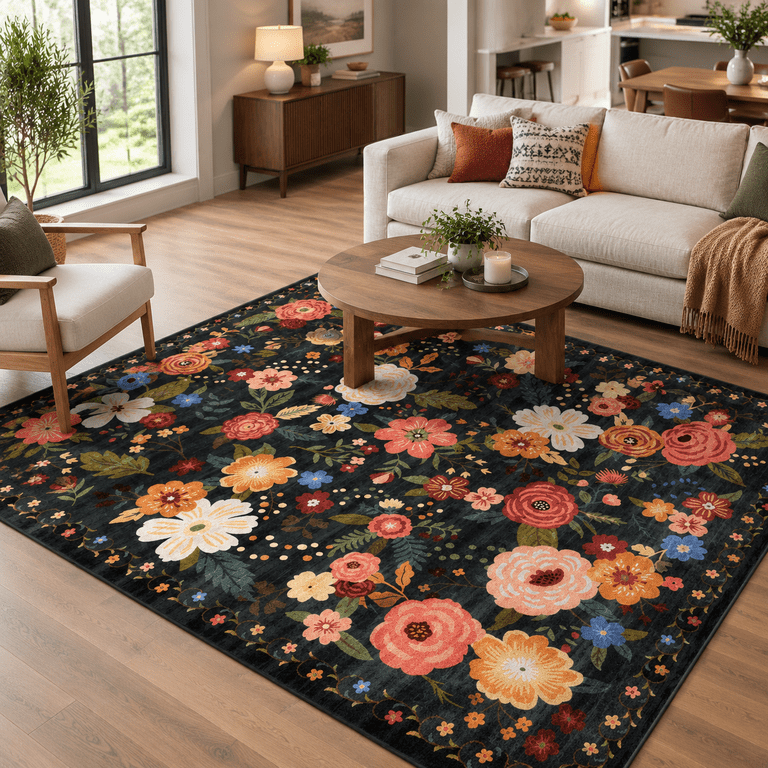 Black Rugs 6x9 Washable Area Rug Black Boho Flfor Living Room Bedroom - Walmart.com