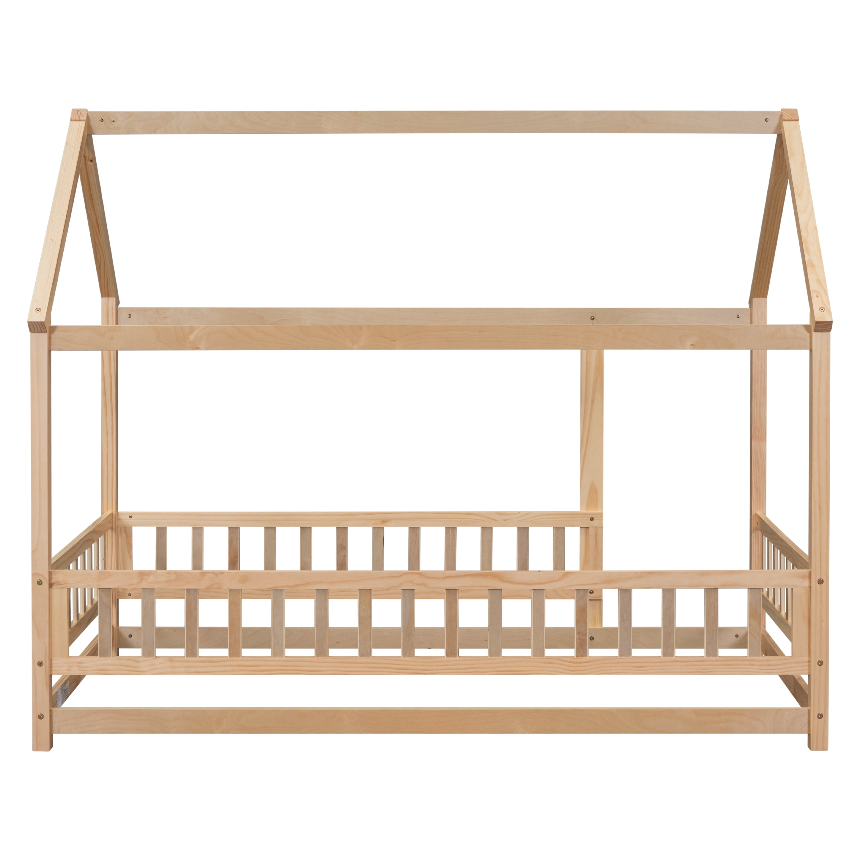 Miniyam Kids Twin Montessori House Floor Bed with Fence, Wood Roof Frame, Natural