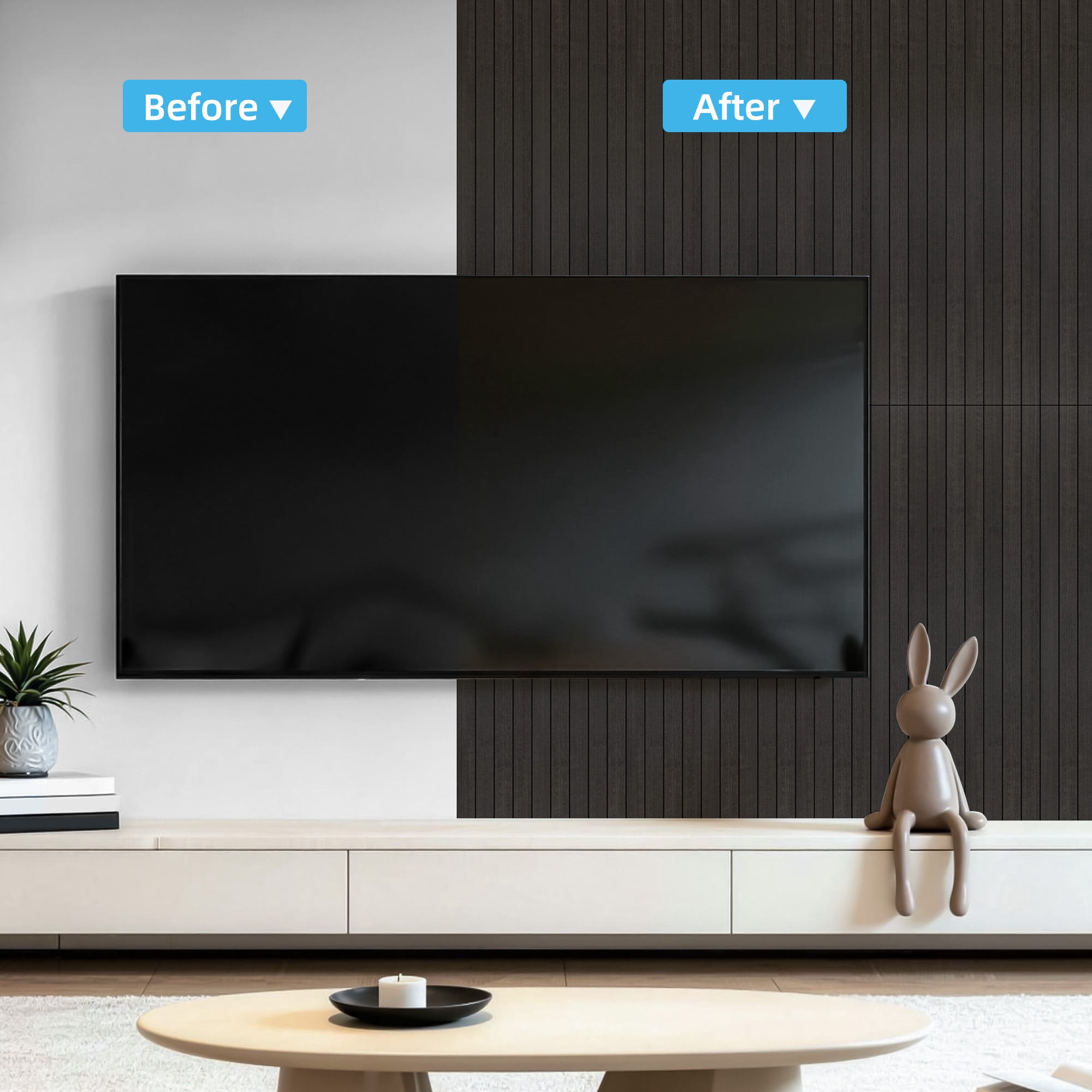 Yeslife 6-Pack Peel and Stick PVC Wood Slat Wall Panels, 48.03 in. x 15.75 in., Black Wood Finish, Thickened 3D Decorative Wall Panels for Living Room, Bedroom & Office