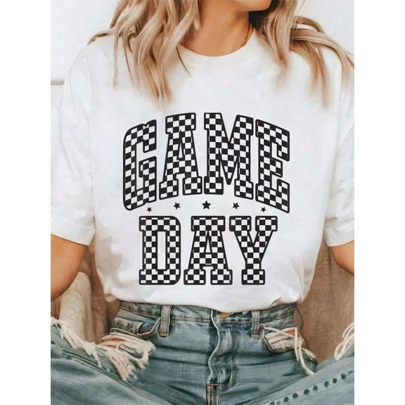 Funny Checkered Game Day Football Black White Gift Women T-Shirt Tee Shirts Women