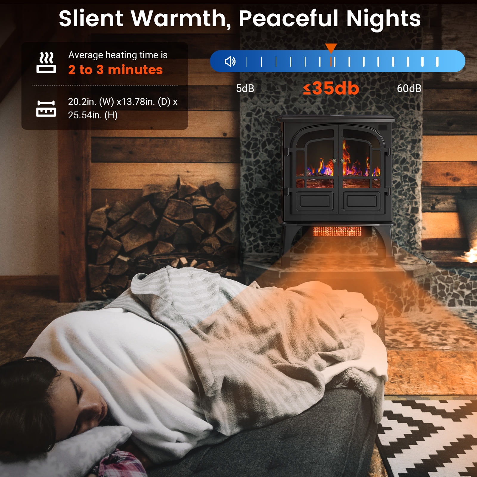 BLITZHOME 24'' Electric Fireplace Heater Stove Freestanding, 3D Realistic Flame, with Control Panel and Remote, Timer, ETL Certified, Overheating Safety Protection, 700/1500W