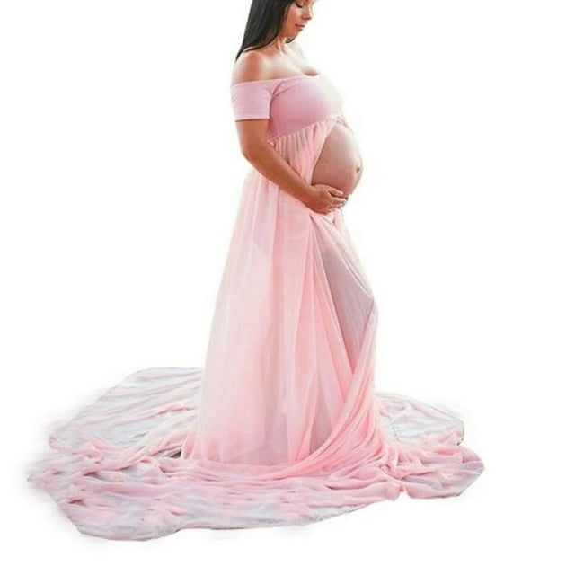 Pregnant Women Chiffon Patchwork Off Shoulder Front Slit Floor Length Dress Prop