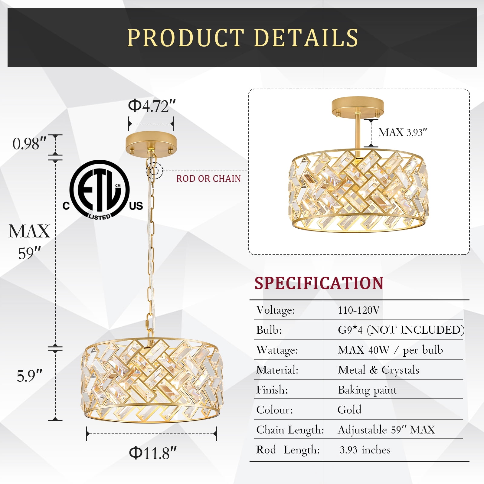 Modern Gold Crystal Chandeliers, Small Semi Flush Mount Chandelier 4-Ligh 12'' Drum Crystal Pendant Light Fixture for Foyer Entryway Kitchen Hallway Dining Room