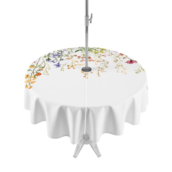 Outdoor Table Cloth with Umbrella Hole and Zipper, Spring Floral Waterproof Round Tablecloth 54 Inch, Watercolor Leaves Wildflower Pastoral Washable Table Cover for Outside Party Patio Picnic